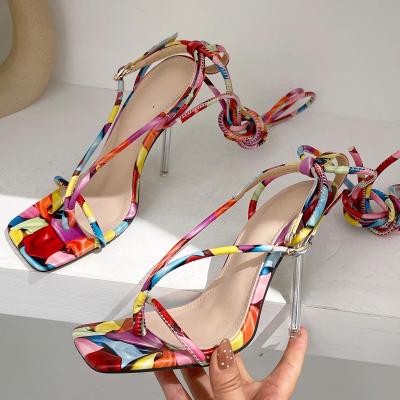 China New Summer 2022 Fashion Trend Woman Sandals Color Classic Mixed Cross Strap Lace Up Party Pumps High Heels Ladies Shoes for sale