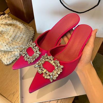 China 2022 New Fashion Trend Green Metal Decoration Crystal Silk Women Stripper Spring High Heels 6CM Party Prom Lady Shoes for sale