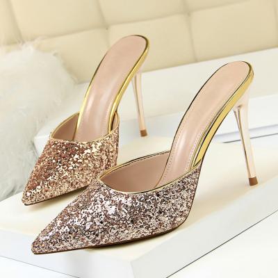 China Fashion Trend Summer Fashion Bling Sequins Led Toe Mules Slippers Fashion Women New Slip On Ladies High Heel Outdoor Shoes for sale