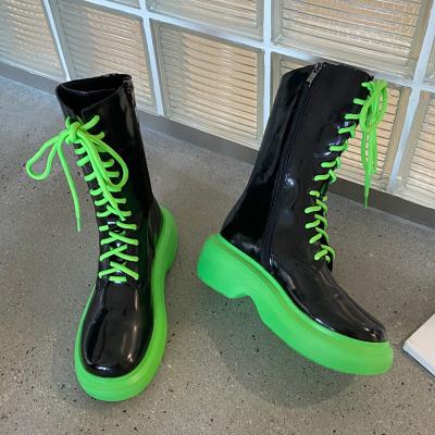 China Fashion Trend Fashion Women New Cross-tied Mid Calf Boots Patent Leather Zipper Ladies Motorcycle Boot Winter Platform Shoes for sale