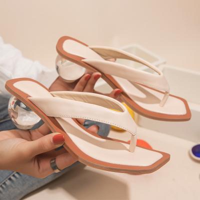 China New Design Summer Crystal Round Ball Heels Outdoor Beach Durable Peep Toe Slides Sandal Ladies Flip Flops for sale