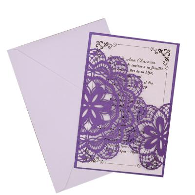 China Dark Purple Folding Greeting Africa Map Design Flower Laser Hollowing Out Wedding Invitation for sale