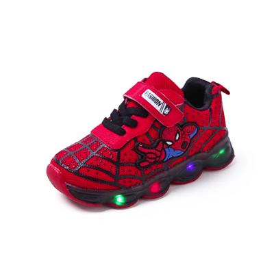 China Direct Selling Red Flight Woven Spiderman Kids Lightweight Customized Glowing Sneakers for sale