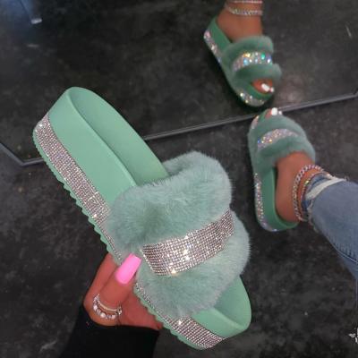 China Fuzzy Shoes Faux Fox Fur Fluffy Sandal Rhinestone Slippers Ladies Slippers Women Sandals Fashion Diamond Plush Sandals for sale