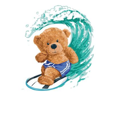 China Washable Custom Made Cartoon Surfer Bear Heat Transfer Fabric Plastisol Garment Full Color Heat Transfer for sale