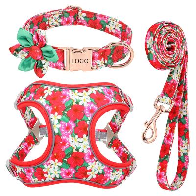 China Factory Stocked Hot Selling Wholesale Custom PVC Logo Gently Chasing One Waterproof Wild Small Dog Collar Harness and Leash Set for sale