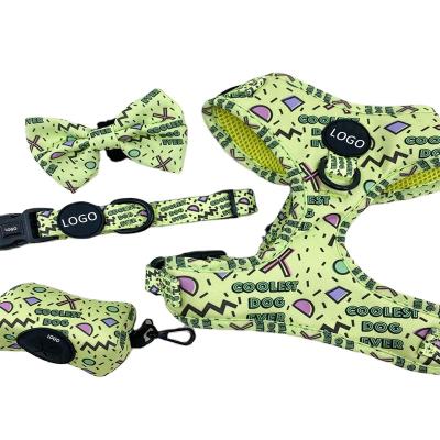 China 2021 Dog Accessories Adjustable Stocked Sublimation Dog Harness Set Custom Personalized Neoprene Dog Chest Harness Collar and Leash for sale