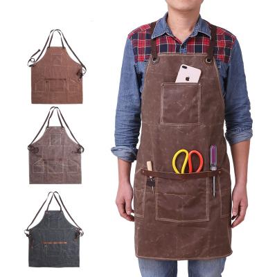 China SANITARY High Quality Durable Vintage Canvas BBQ Leather Water Resistant Waxed Running Unisex Apron With Leather Strap For Hairdressers for sale