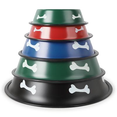 China Viable Random Color Bone Pattern Plastic Bottom Dog Feeder Water Cat Bowl With Nonslip Rubber Bowls for sale