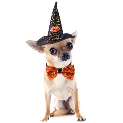 China Viable Popular Pumpkin Pattern Halloween Dog Clothes Costume Pet Supplies Bow Tie Pet Hat Costume For Dog for sale