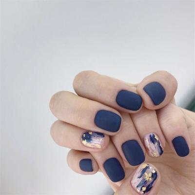 China 24pcs/box Salon Blue Dye With Glitter Decorated Press On Fake Nail Square Head Full Cover Tips Frosted Short Wearable Nails With Glue for sale