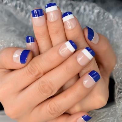 China Salon Short Blue Edge Nails Square Press On Nails One Unit False Nail Others Full Finger Nail Tips for sale