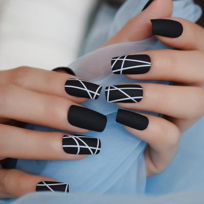 China Salon Matt Black Fake Nails Visible Trails Planets Faux Ongle Place Press On Finger Manicure With Adhesive Tags 24 for sale