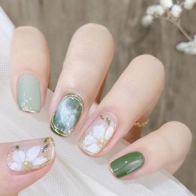 China 24pcs Flower Style Manicure Salon 24pcs Fresh Green Fake False Nail Acrylic Short French Correction Nail Art Tip Detachable False Nails Tips Tool for sale