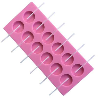 China Handmade 12 Cavity Silicone Lollipop Ice Cream Ball Shape Viable Round Hard Candy Chocolate Lollipop Mold with Sticks for sale