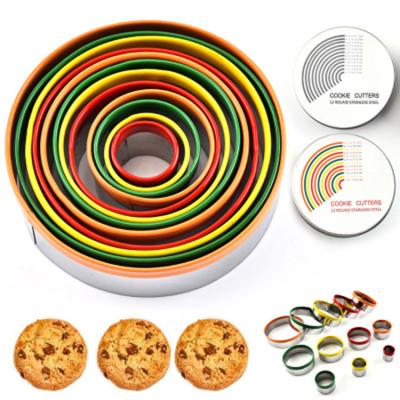 China Viable Colorful Round Cake Decorating Mold Cutters 12pcs Stainless Steel Cookie Cutters Molds With Round Cookie Tin Box for sale