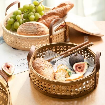 China Hand - 2021 Rustic Hand Woven - Round Woven Rattan Storage Basket Serving Tray with Leather Handle for Home Decors for sale