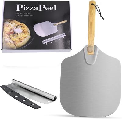 China Sustainable aluminum pizza peel spatula paddle with foldable wooden handle, pizza peel aluminum metal pizza paddle for sale