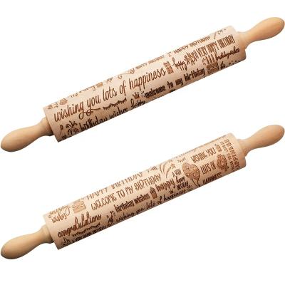 China Sustainable Happy Birthday Wooden Dough Roller Non Sustainable Stick Embossed Wooden Pin For Kitchen for sale