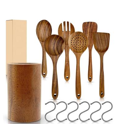 China Sustainable Wholesale 14 Pieces Natural Nonstick Spatula Set Wooden Kitchen Utensils Set With Rack For Baking for sale