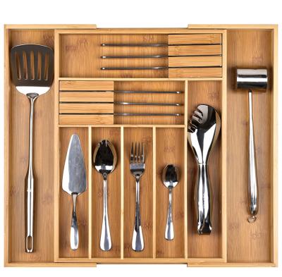 China Bamboo Adjustable Tableware Shelf Tray For Spoon Fork Knife Organizer Cutlery Viable Expandable Flatware Organizers for sale