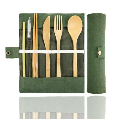 China Best Selling Travel Viable Classic Green Bamboo Canvas Portable Outdoor Picnic Products Reusable Bamboo Cutlery for sale