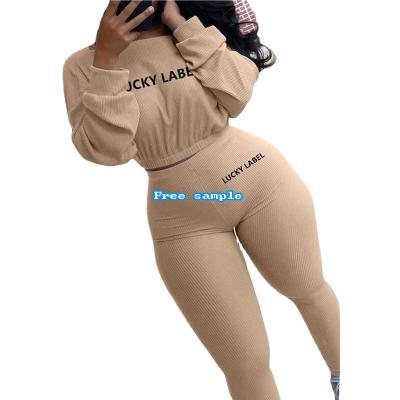 China Breathable Autumn Solid Letter Embroidery Lucky Label 2 Piece Set Women Ribbed Basic Sweatshirts+Leggings Casual Sporty Tracksuits for sale