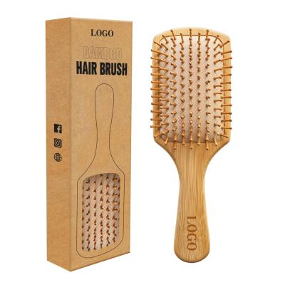 China Low MOQ Logo Long Handle Natural Bamboo Disposable Massage Scalp Air Cushion Paddle Private Wooden Hair Brush for sale