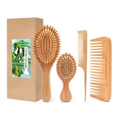 China Custom Logo Natural 4PCS Bamboo Hair Brush Tooth Wide Comb Eco-Friendly Eco-Friendly Bamboo Hair Set Brush for sale