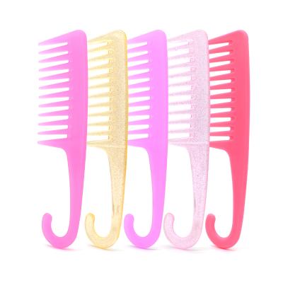 China Low MOQ Custom Logo Multi Colors Wide Tooth Comb Shower Salon Plastic Wet Comb With Hook Hair Comb for sale