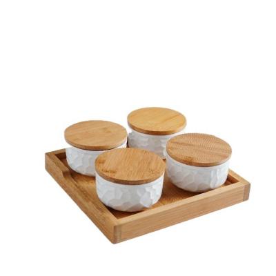 China Dishwasher Safe Bamboo Lid Tray White Diner Ceramic Serving Bowl Sustainable Set for sale