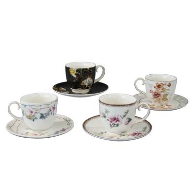 China Viable 4 Colors Pattern Ceramic Flower Porcelain Coffee Tea Cups And Saucers With Gold Rim Ceramic Cups for sale