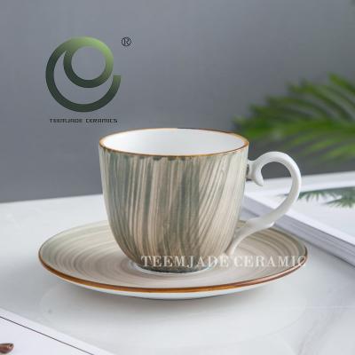 China New Arrival Viable Design Matte Color Glazed Real Gold Afternoon Tea Porcelain Tea Cups Set Green Ceramic Coffee Mug Set for sale