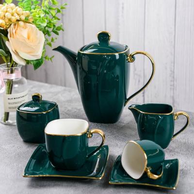 China Color Luster Home Used 27 Pcs Dark Green Sugar Container Set Gold Rim Milk Tea Cup Ceramic Porcelain Coffee Tea Cups for sale