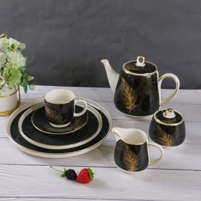 China Viable Royal Fancy Safe 24 Pcs Dishwasher Safe 24 Pcs Royal Fancy Dinnerware Set Matte Black Porcelain Dinnerware China Dinnerware Gold Edged Set for sale