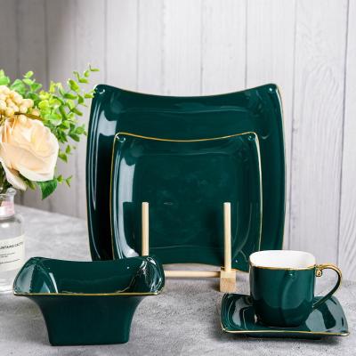 China Factory direct viable gold rimmed green square ceramic dinnerware for home living room 20 pcs Italian porcelain tableware for sale