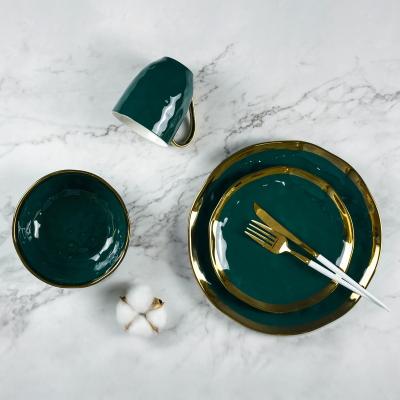 China Sustainable Fashion Nordic Fine Ceramic Dinnerware With Gold Rim Porcelain Tableware 16 Pcs Retro Green Ceramic Dinnerware Sets for sale