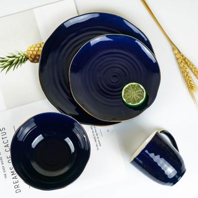 China Viable High Quality Fashion Nordic Fine Ceramic Dishes Sets Dinnerware With Gold Rim16 Pcs Nordic Navy Ceramic Dinnerware Sets for sale