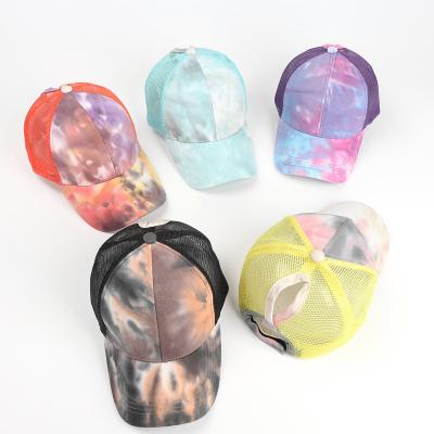 China New Style 2021 COMMON Tie Dyed Ponytail Baseball Cap For Women Customized Blank Foam Mesh Trucker Cap for sale