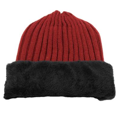 China COMMON Plain Ribber Knit Hat Women Winter Cashmere Fleece Striping Knitted Cuff Fur Beanie Hats For Adult for sale