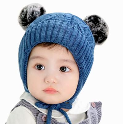 China Cute Knitted Baby Beanie Hat Cotton Earflaps Winter Hat Warmer Pompoms Beanie Hat for Baby Boys Girls for sale