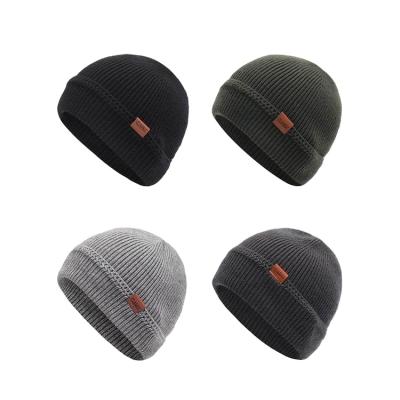 China JOINT Classic Leather Men's Flag Flag Patch Warm Winter Hats Acrylic Knit Cuff Beanie Cap Daily Beanie Hat for sale