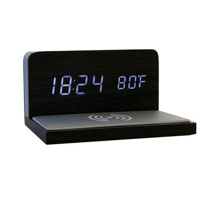 China Files Digital Desk Clock Wireless Charging And Temperature Calendar Display , Sound Control LED Wooden Alarm Clock for sale