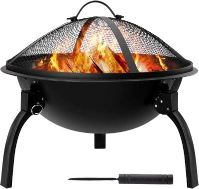 China Chimeneas 22in Modern Steel Portable Folding Fire Pit Outdoor Wood Burning with Cover Firebowl Chimney Poker Spark Screen Retarder Mesh Lid for sale