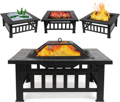 China Easily Assembled 3 in 1 Fire Pit with BBQ Grill Shelf, Square Table Firepit Garden Patio Heater/BBQ/Ice Pit with Waterproof Cover for sale