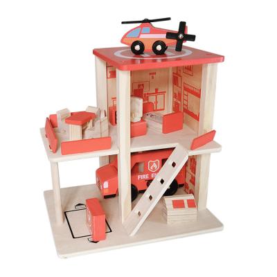 China Wooden Children's Profession Role Playing Red Fire Station Play House Wooden Toy for sale