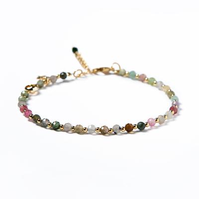 China Bestone 3mm Romantic Natural Stone Bangle Colorful Tourmaline Bracelet With Real Gold Spacers For Ladies for sale