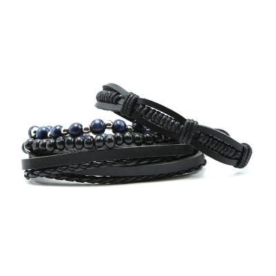 China FASHIONABLE punk black leather bracelet for men multilayer free size bracelet genuine leather bracelet ready to ship for sale