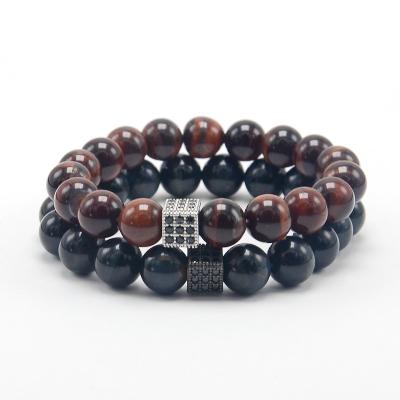 China FASHIONABLE High Quality Mens Stretch Tigereye Stone Beaded Bracelet With Micro Pave CZ Cube Charm for sale