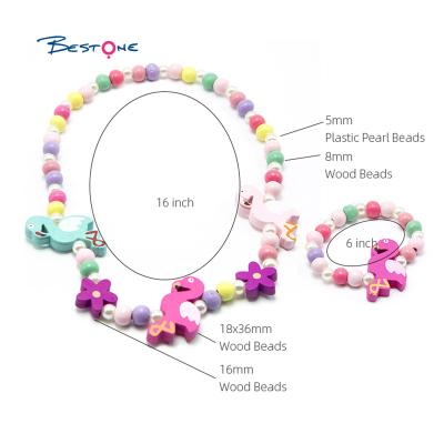 China 2021 BESTONE Cute Girls and Kids Jewelry Wooden Bracelets Set with Flamingo Charm for sale